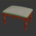 Wooden Stool With Upholstered Light Colored Fabric Seat And Carved Legs