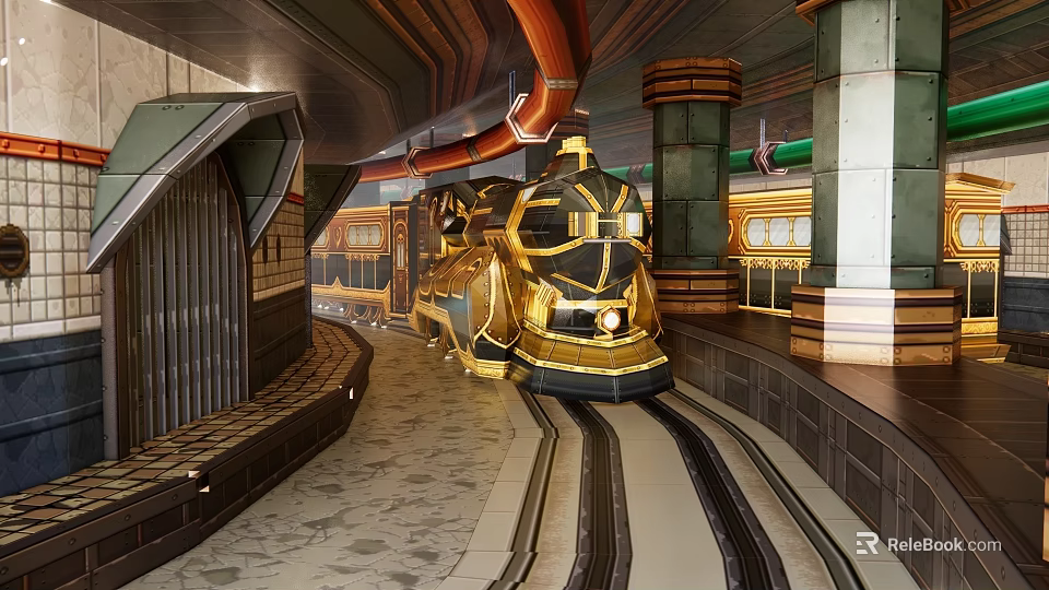 Luxury Gold And Black Train With Ornate Design On Indoor Track Surrounded By Decorative Columns 3d model 