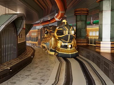 Luxury Gold And Black Train With Ornate Design On Indoor Track Surrounded By Decorative Columns 3d model