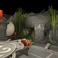 Cartoon Scene With Circular Dining Table Chairs Bamboo Red Flags And Green Plants