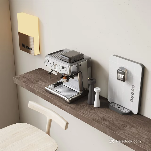 Modern Kitchen Appliances With Espresso Machine And Water Dispenser On Wooden Countertop 3d model 