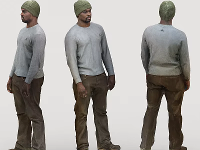 3D Male Character Front Side Back View With Gray Shirt Brown Pants Green Beanie 3d model