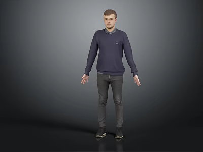Man In Dark Blue Sweater Dark Pants And Black Shoes Standing On Gray Background 3d model