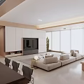 Modern Living and Dining Room Interior With Sectional Sofa Marble Coffee Table And Dining Chairs