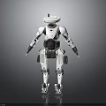 Futuristic White Robot With Disc Shaped Head And Mechanical Limbs Standing