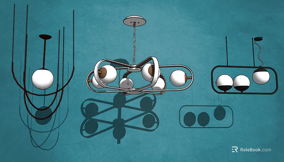 Various Design Chandeliers Displayed on Teal Background with Central Metal Frame and White Spherical Bulbs 3d model 