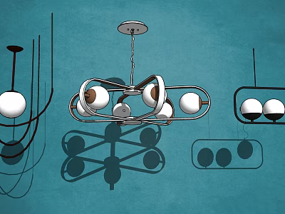 Various Design Chandeliers Displayed on Teal Background with Central Metal Frame and White Spherical Bulbs 3d model