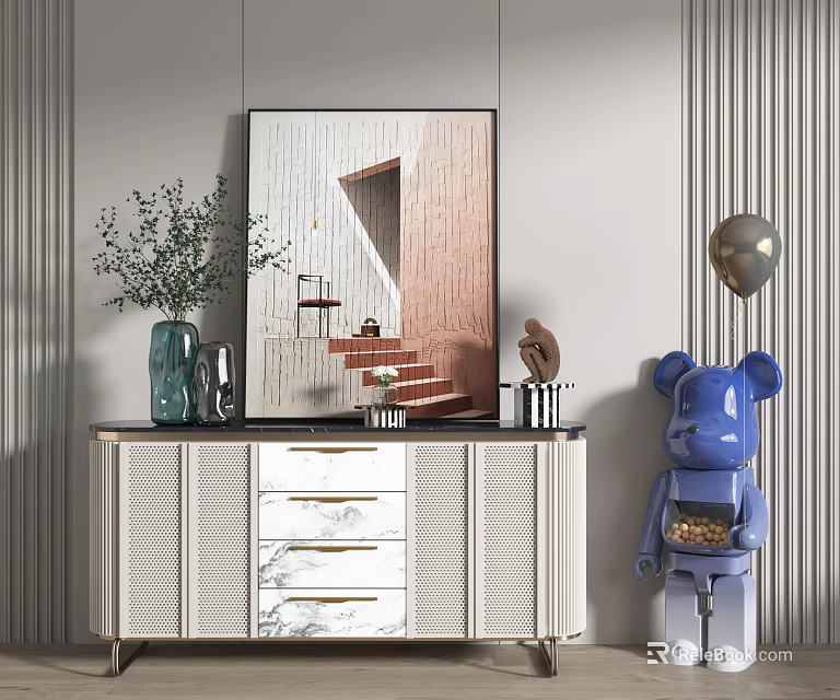 Modern Entryway Sideboard Cabinet With Marble Drawers Wall Mirror And Decorative Figurines 3d model 