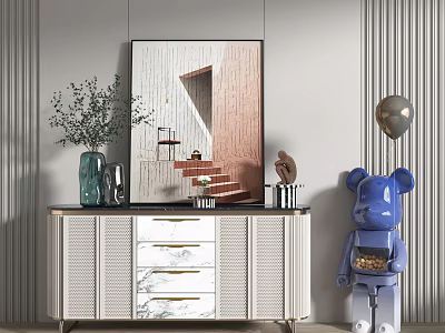 Modern Entryway Sideboard Cabinet With Marble Drawers Wall Mirror And Decorative Figurines 3d model