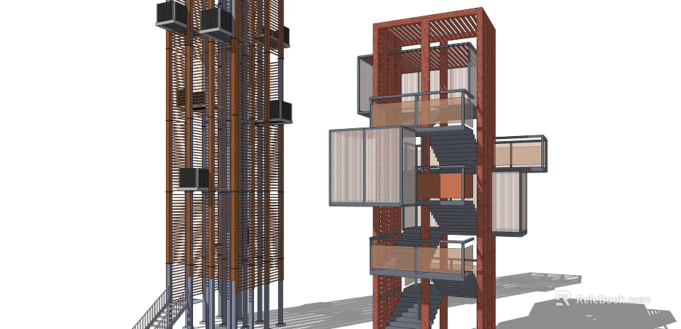 Two Modern Towers With Vertical Black Components And Red Framed Layered Staircases 3d model