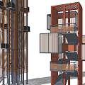 Two Modern Towers With Vertical Black Components And Red Framed Layered Staircases 3d model