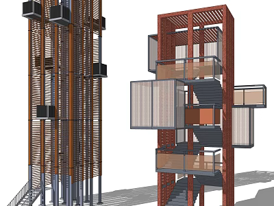 Two Modern Towers With Vertical Black Components And Red Framed Layered Staircases 3d model