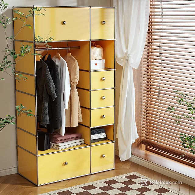 Yellow Wardrobe With Hanging Rods Drawers And Plants Near Window With Wooden Blinds 3d model 