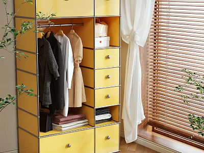 Yellow Wardrobe With Hanging Rods Drawers And Plants Near Window With Wooden Blinds 3d model