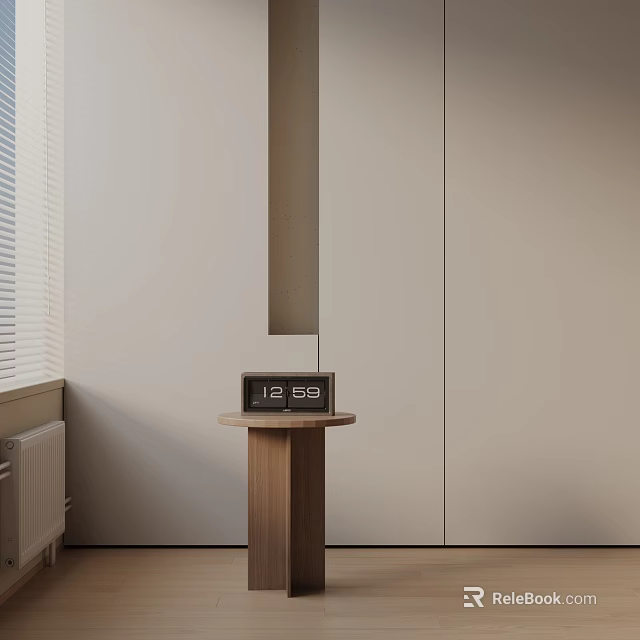 Minimalist Wooden Side Table With Clock By Light Colored Walls And Window 3d model