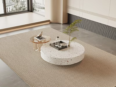 Round White Speckled Coffee Table On Beige Rug With Tray Green Plant In Modern Interior 3d model