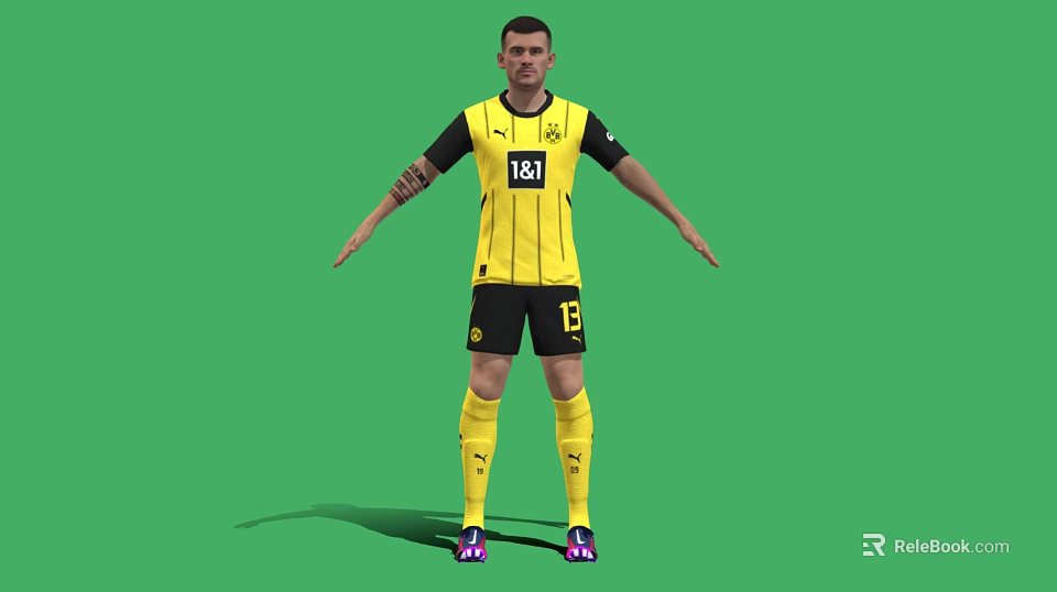 Man Wearing Yellow Black Football Jersey 18 BVB Logo Arms Outstretched Against Green Screen Background 3d model 