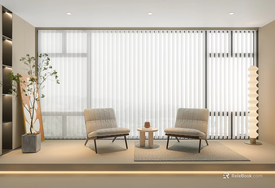 Modern White Curtain In Living Room Window With Chairs Side Table And Plant 3d model 