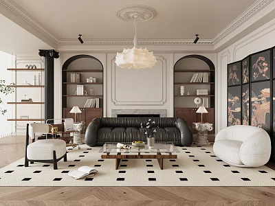 Elegant Living Room Interior With Black Leather Sofa White Armchair Checkered Rug And Herringbone Floor 3d model