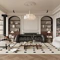 Elegant Living Room Interior With Black Leather Sofa White Armchair Checkered Rug And Herringbone Floor