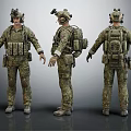 Military Soldier Character In Camouflage Uniform With Tactical Gear Three Quarter Back Front Views