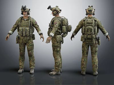 Military Soldier Character In Camouflage Uniform With Tactical Gear Three Quarter Back Front Views 3d model