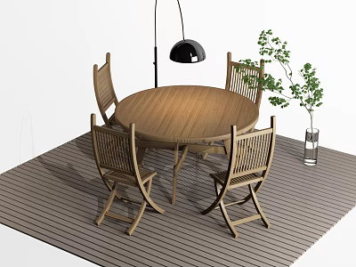 Round Wooden Outdoor Table with Four Wooden Chairs Floor Lamp and Green Plant 3d model