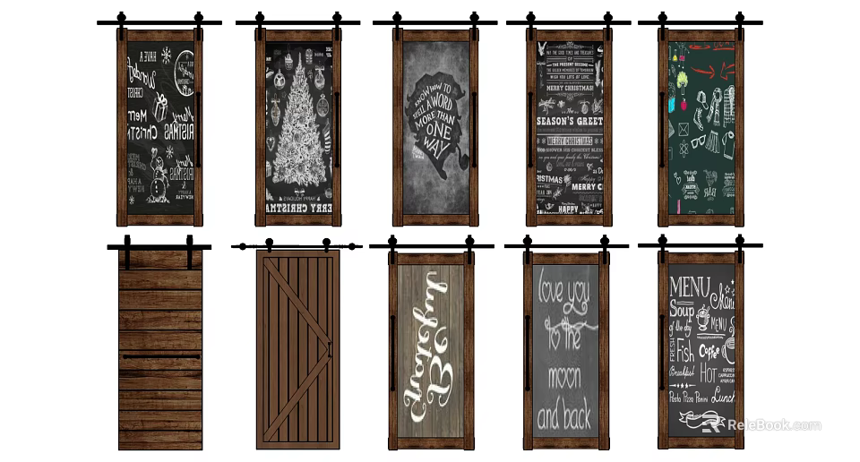 Various Barn Doors With Chalkboard Surfaces Hand-Painted Designs And Wooden Textures 3d model 