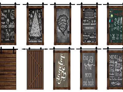 Various Barn Doors With Chalkboard Surfaces Hand-Painted Designs And Wooden Textures 3d model