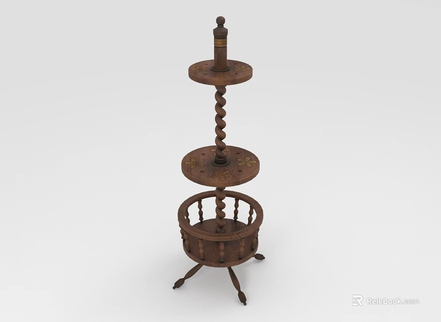 Wooden Tiered Storage Shelf with Spiral Column Carved Details and Lower Basket 3d model 
