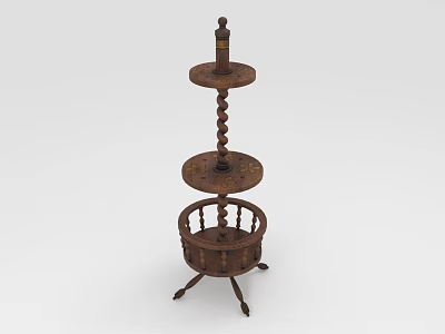 Wooden Tiered Storage Shelf with Spiral Column Carved Details and Lower Basket 3d model