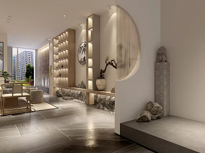 Traditional Chinese Teahouse Interior With Wooden Shelves Stone Decorations Green Plants And Natural Light 3d model