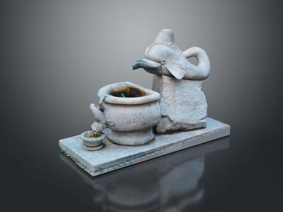 Decorative Stone Elephant Fountain with Water Flowing into Basin on Base 3d model