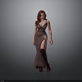 Red Haired Woman In Dark Purple Long Dress With Thigh High Boots And Gray Background