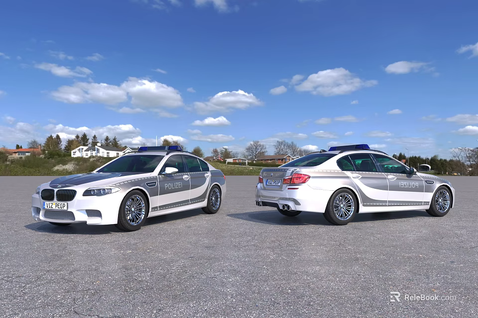 White Function Police Cars With Blue Emergency Lights Silver Stripes Sporty Sedan Parked On Field 3d model 