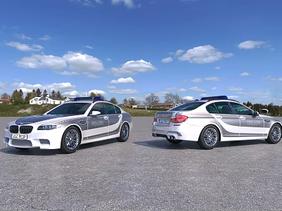 White Function Police Cars With Blue Emergency Lights Silver Stripes Sporty Sedan Parked On Field 3d model