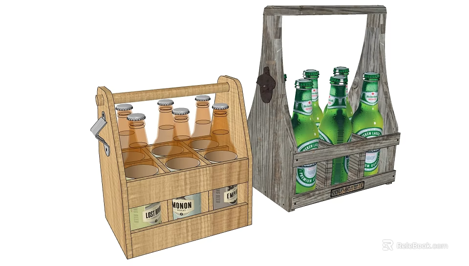 Beverages in Wooden Crates with Brown and Green Glass Bottles Displayed 3d model 
