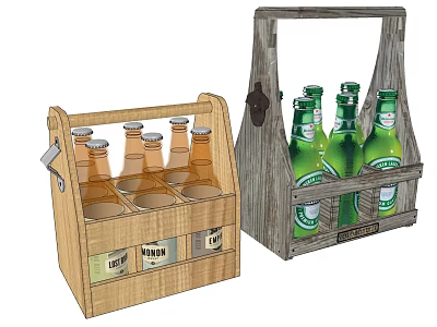Beverages in Wooden Crates with Brown and Green Glass Bottles Displayed 3d model