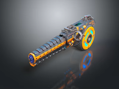 Futuristic Weapon Design Featuring Metallic Body Orange Accents Blue Glowing Gears And Mechanical Details 3d model