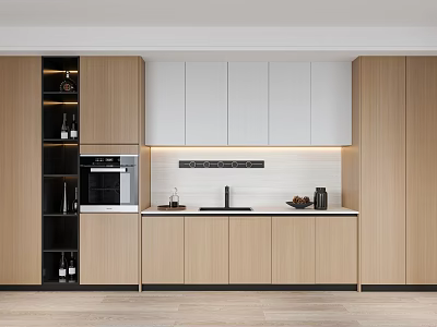 Modern Kitchen Interior With Wooden And White Cabinets Countertop And Appliances 3d model