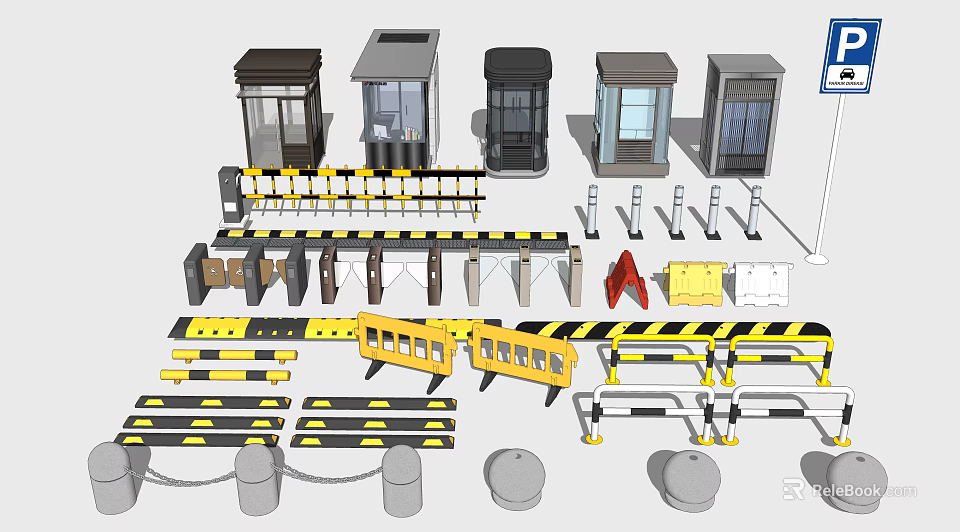 Assortment Of Security Booths Barrier Gates Railings Roadblocks And Warning Strips 3d model 