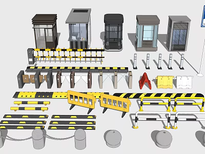 Assortment Of Security Booths Barrier Gates Railings Roadblocks And Warning Strips 3d model