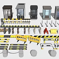 Assortment Of Security Booths Barrier Gates Railings Roadblocks And Warning Strips
