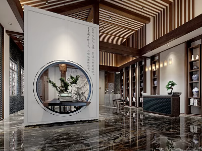 Traditional Chinese Hotel Lobby Interior With Circular Decorative Window Wooden Ceiling And Marble Floor 3d model