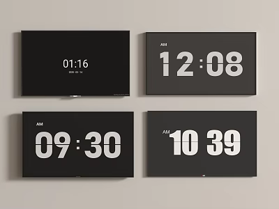 Four Black Modern TVs Showing Digital Time Display On Screens Against Gray Wall 3d model