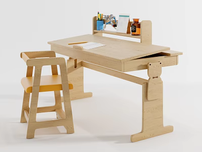Wooden Study Desk With Chair Stationery On Shelf And Paper For Learning 3d model
