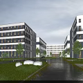 Modern Industrial Plant Building Complex With Landscaped Greenery Roads And Street Lamps