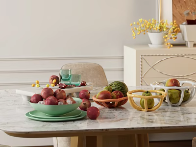 Fresh Assorted Fruits Including Apples And Watermelon In Colorful Bowls On Kitchen Table 3d model