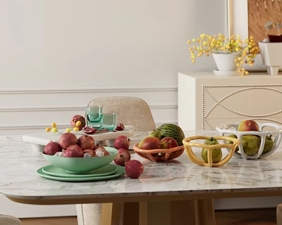 Fresh Assorted Fruits Including Apples And Watermelon In Colorful Bowls On Kitchen Table 3d model