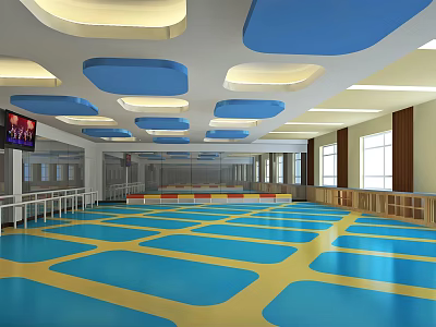 Indoor Sports Fitness Spacious Venue With Blue Yellow Floor Patterns And Ceiling Design Windows 3d model